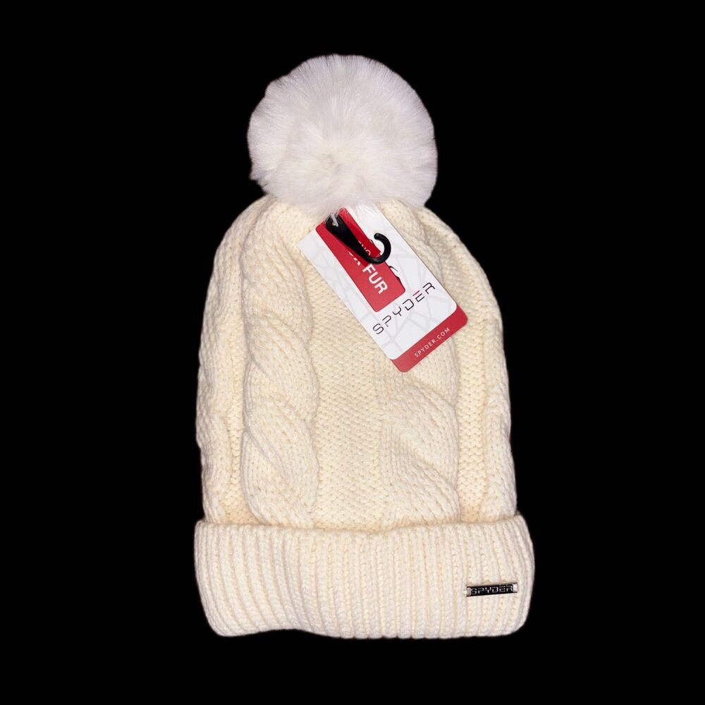 Spyder Cream Cable Knit Beanie White Faux Fur Winter Hat